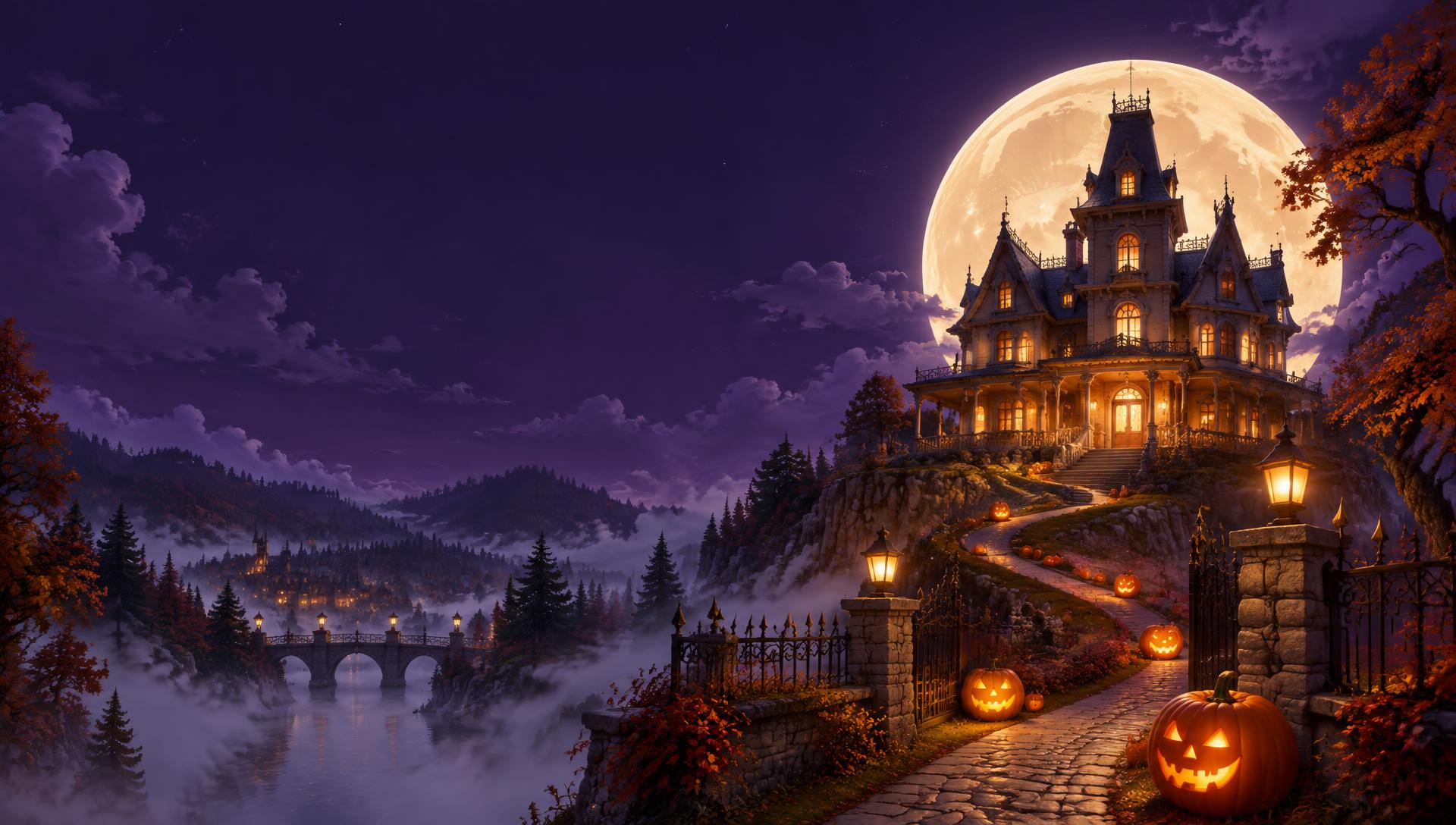 A glowing haunted mansion under a giant moon